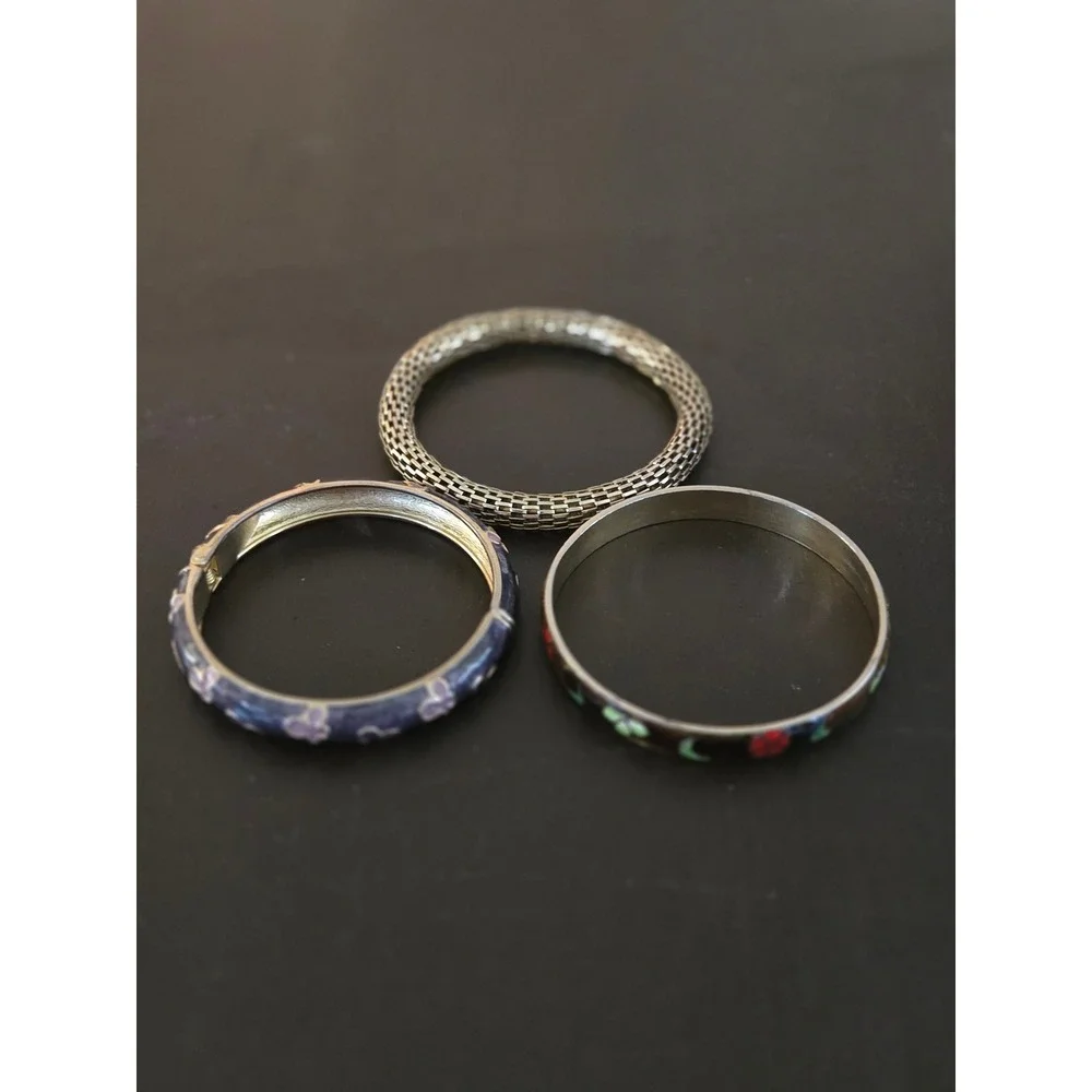 Vintage Cloisonné Enamel Butterfly Floral & Gold Tone Mesh Bangle Stack Set of 3